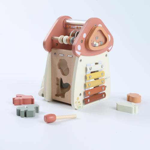 Children‘s Educational Mushroom 5-in-1 Toy - Shape Sorter, Xylophone, Bead Maze, Lock & Door Practice for Babies